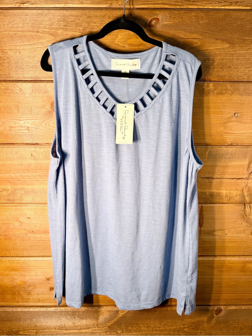 French Laundry Periwinkle Blue Sleeveless V-Neck Tank Top w/Lattice Trim Size 1X
